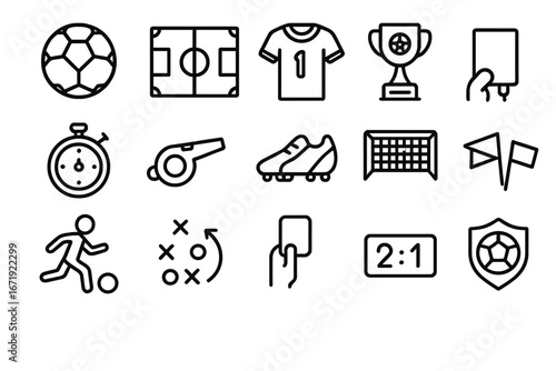Soccer Line Icon Set, Football Sports Symbols Collection, Outline Style Vector Cartoon Illustration on Transparent Background, Ordered Set of Soccer Game Elements and Equipment