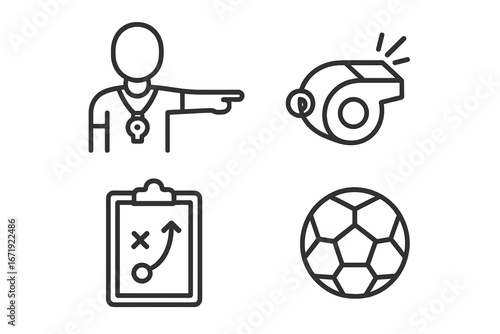 Sports and coaching outline icon set with training whistle, soccer ball, tactical clipboard, and referee symbols. Linear vector cartoon illustration with transparent background