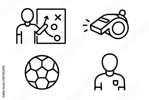 Sports and coaching outline icon set with training tactics, referee whistle, soccer ball, and coach figure, vector cartoon illustration, transparent background, linear symbols