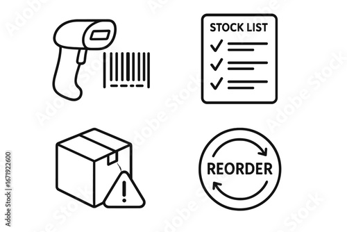 Inventory management outline icon set. Barcode scanner, stock list, low stock alert, reorder symbol. Logistics and supply chain vector icons for warehouse operations concept.