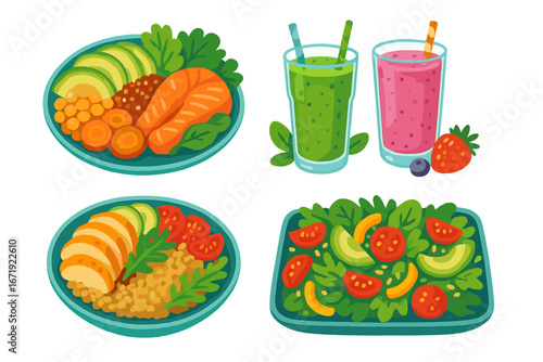 Healthy Meal Ideas with Vibrant Salmon, Chicken Bowls, Fresh Salad, and Colorful Smoothies for Nutritious Eating, Cartoon Vector Illustration Set with Transparent Background