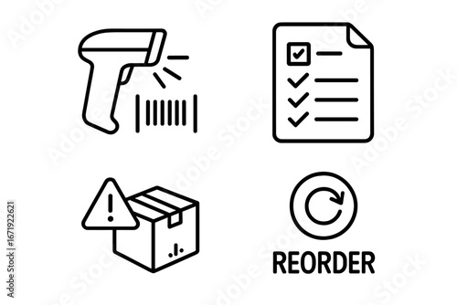 Inventory management vector icon set. Outline symbols for logistics, warehouse, and supply chain. Barcode scanner, stock list, low stock alert, reorder button. E-commerce.