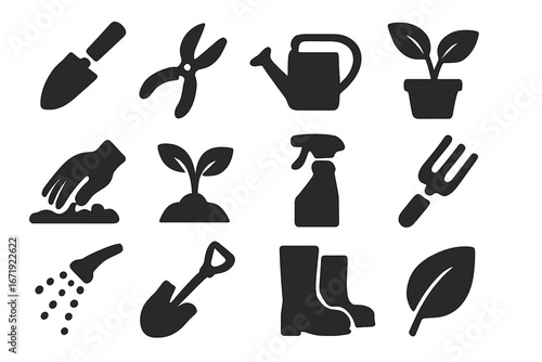 Gardening and plant care silhouette icons set, solid filled horticulture symbols, garden tools, plant sprouts, watering can, gloves, boots, shovel, fork, spray bottle vector illustration