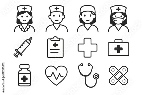 Medical and healthcare icon set. Nurse, doctor avatar. Line art symbols for hospital, clinic. Syringe, stethoscope, first aid kit, heart cardiogram, medicine vector icons.