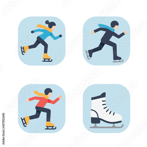 People are Ice Skating, on Ice, During Winter Flat Vector Illustration