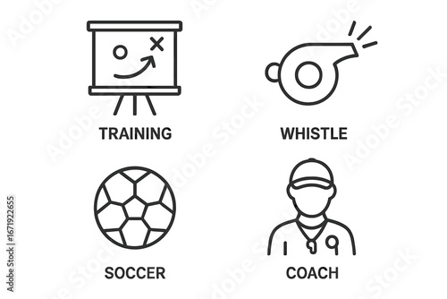 Sports and Coaching Outline Icon Set with Training Strategy, Whistle, Soccer Ball, and Coach Illustrations, Linear Vector Symbols for Sports and Coaching Concepts, Transparent Background