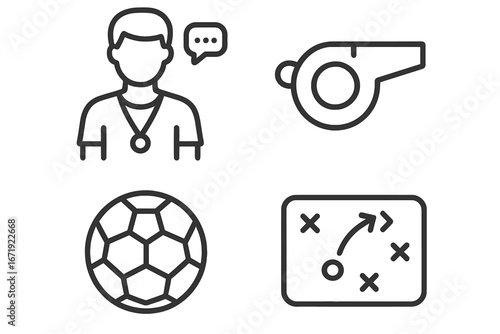 Sports and Coaching Outline Icon Set with Training Whistle, Soccer Ball, Coach, and Strategy Playbook Linear Symbols, Vector Cartoon Illustration on Transparent Background