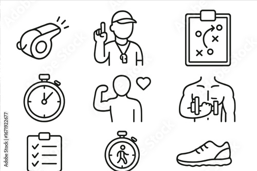 Sports coaching line icon set with fitness, exercise, health, strategy symbols, stopwatch, whistle, training plan, muscle strength, gym, and running shoe vector collection