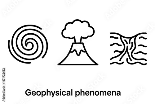 Outline icon set of geophysical phenomena from space with hurricane spiral, volcanic plume, river delta, natural disaster symbols, environment vector illustration