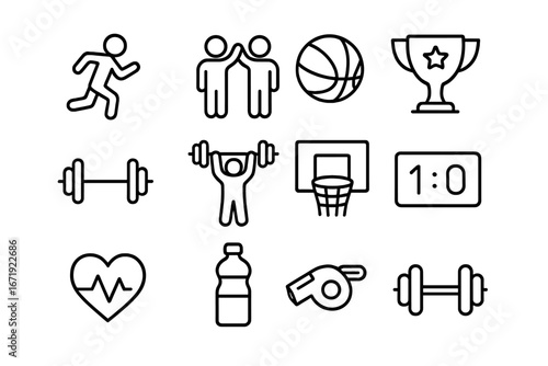 Sports and fitness line icon set, exercise teamwork scoring icons, basketball and weightlifting symbols, health and coaching, vector cartoon illustration transparent background ordered set 3