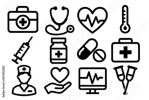 Health care icons representing medical services and equipment in black and white design, medical symbols and tools vector set for healthcare, nursing, hospital, and medical education illustration