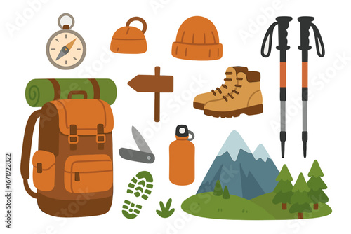 Hiking gear and mountain elements flat vector illustration with backpack, boots, compass, trekking poles, water bottle, hat, and mountain landscape, outdoor adventure equipment set