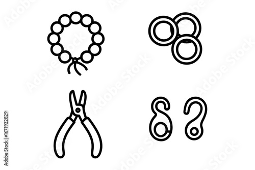 Handcrafted Jewelry Icons Outline Set, Friendship Jewelry Beading Wire, Jump Rings, Pliers, Clasp Closures, Craft Tools Vector Cartoon Illustration for Jewelry Making Design