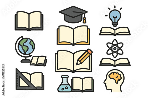Education icon set. Knowledge, learning, science symbols. Open book, graduation cap, globe, atom, brain. Minimalist vector illustration for school, university, academic concepts.