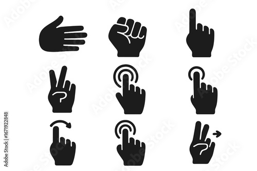 Hand gesture solid icons set, silhouette style, interaction and touchscreen symbols, vector cartoon illustration, transparent background, ordered hand signs collection