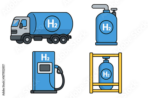 Hydrogen transportation and storage vector icons illustrating clean energy technology applications, hydrogen fuel tanks, filling stations, and industrial gas solutions in cartoon style