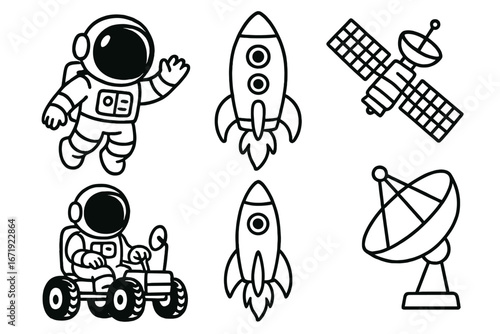 Space exploration icons with astronauts in spacesuits, rockets launching, satellites and space rover, cartoon vector illustration with transparent background, simple line art design