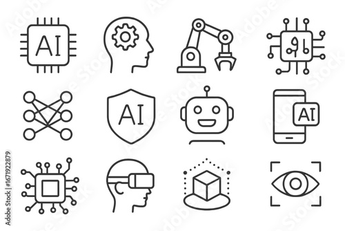 Technology and AI Linear Icon Set, Innovation and Augmented Reality Outline Collection, Vector Cartoon Illustrations with Transparent Background, Ordered Set 2