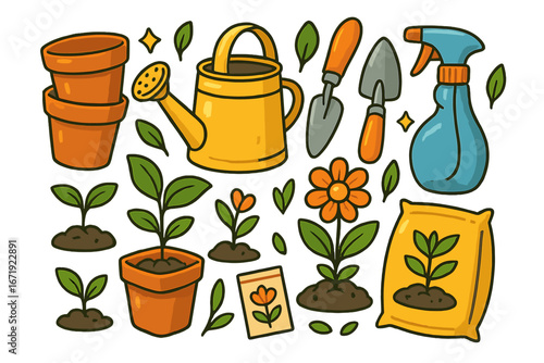 Colorful gardening tools and supplies, pots, watering can, hand trowels, spray bottle, seed packets, soil bag, and vibrant plants with flowers, vector cartoon illustration