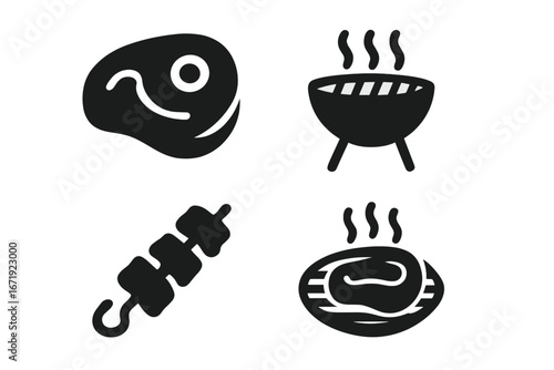 Grilled barbecue solid icon set, steak and meat cooking icons, vector cartoon illustration, barbecue grill, kebab skewer, hot grilled steak, transparent background