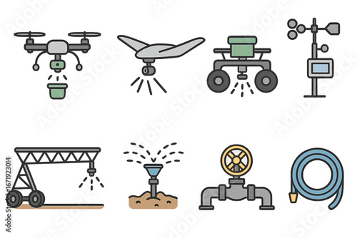 Vector icons illustrating different drones, automated irrigation systems, water management devices, and smart agriculture technology in cartoon style with transparent background