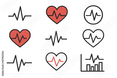Heartbeat line and heart rate icons. EKG and ECG cardiogram graph set. Cardiac pulse wave. Medical cardio rhythm monitor symbol. Health care diagnosis concept. Vector logo.