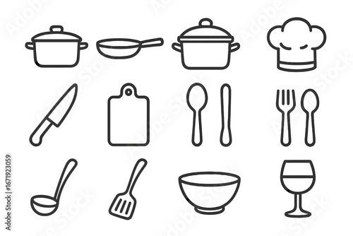 Simple line art icons of cooking and dining utensils, kitchen tools, chef hat, cookware, cutlery, and tableware, cartoon style vector illustration with transparent background for culinary themes