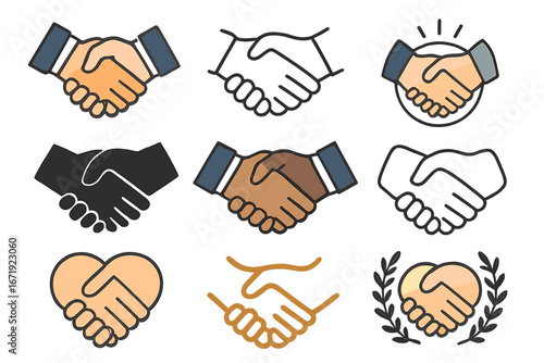 Handshake icon set for business partnership and agreement. Vector logo collection of shaking hands for deal, trust, and cooperation. Diverse styles including silhouette and line art.