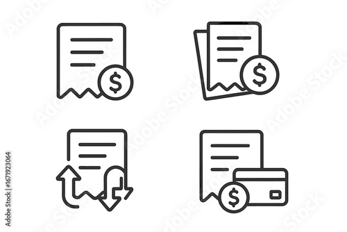 Finance & payment line icon set. Vector receipt, bill, transaction, credit card pay. Financial management, expense tracking, budget, accounting, money transfer symbols.