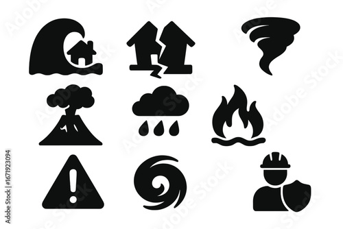 Natural disaster glyph icons set. Solid symbols for emergency, warning, and safety. Vector graphics of flood, earthquake, tornado, volcano, fire, hurricane, and rescue worker.
