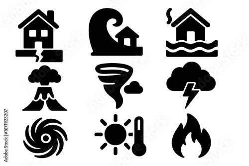 Natural disasters solid glyph icon set. Weather catastrophe and climate change concept. Earthquake, tsunami, flood, volcano, tornado, hurricane, wildfire and global warming.