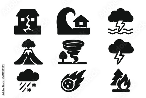 Natural disaster solid glyph icon set. Weather catastrophe and emergency pictograms. Earthquake, tsunami, flood, volcano, tornado, storm, meteor, wildfire vector symbols.