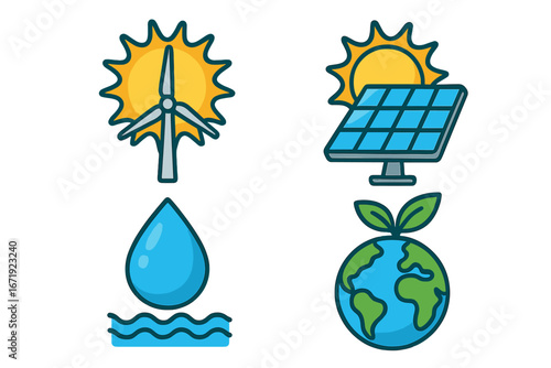 Colorful Modern Vector Icons Representing Renewable Energy Sources and Environmental Impact with Wind Turbine, Solar Panel, Water Drop, and Earth Plant Illustration for Education and Sustainability
