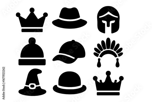 Headwear solid icon set with hats, helmets, crowns, and caps in bold style. Vector cartoon illustration collection of diverse headgear with transparent background, ordered set 2