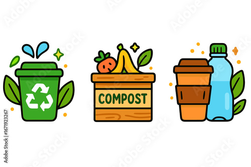 Illustrating sustainable practices with colorful vibrant icons of recycling, composting, and reusable containers, eco-friendly environment, green lifestyle concepts, vector cartoon illustration