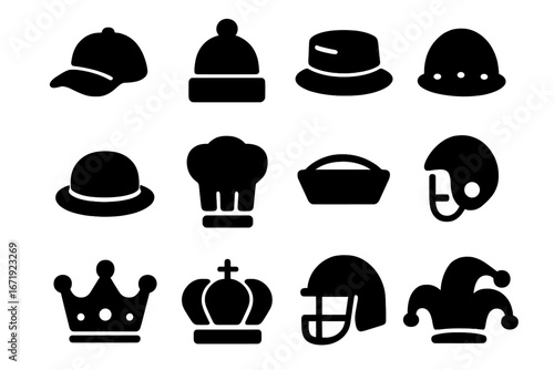 Bold solid style headwear icon set featuring hats, helmets, crowns, and caps. Vector cartoon illustration collection with transparent background for design and branding.
