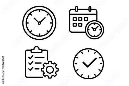 Time Management Linear Icon Set with Clock, Schedule, Productivity Tools, Outline Style Vector Cartoon Illustration, Transparent Background, Organized Workflow Icons