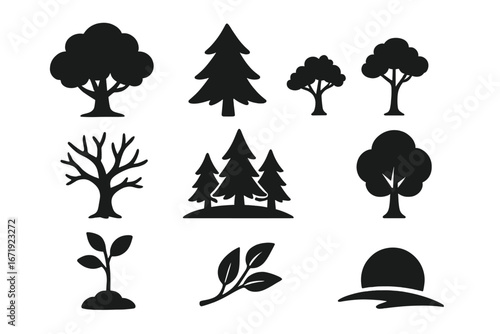 Tree silhouette icon set. Vector collection of forest and nature symbols. Pine tree, sprout, leaf and bare winter branch. Flat black plants for ecology and environment concepts.