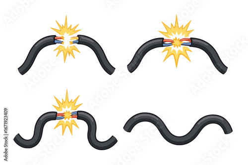 Vector illustrations of broken and connected electrical wires with sparks and varying shapes, showcasing damaged and repaired cable connections on a minimalistic white background, cartoon style