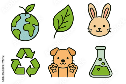 Icons Representing Nature, Animals, Science, Environmental Awareness, and Cruelty-Free Practices. Vector Cartoon Illustrations of Earth, Leaf, Rabbit, Recycling, Dog, and Laboratory Flask.