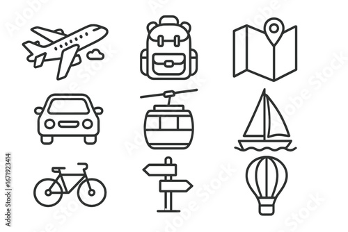 Transportation and Adventure Icon Set, Travel and Recreation Outline Style, Vector Cartoon Illustration with Transparent Background, Ordered Icons for Outdoor Activities and Exploration