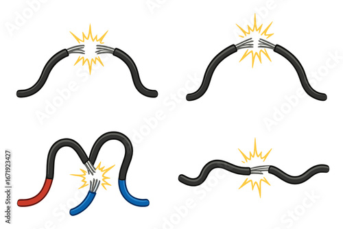 Illustrations of broken and connected electrical wires with various shapes and colorful cable ends, minimalistic vector cartoon showing electrical connection and wire damage concepts
