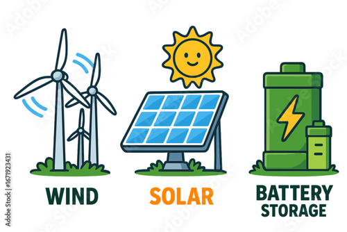 Infographic illustrating renewable energy sources and technology including wind turbines, solar panels, and battery storage concepts, clean energy vector cartoon illustration