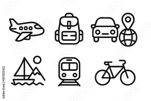 Transportation and Adventure Icon Set, Travel and Recreation Outline Style Vector, Cartoon Illustration with Transparent Background, Ordered Set of Travel, Transport, Hiking Equipment Icons
