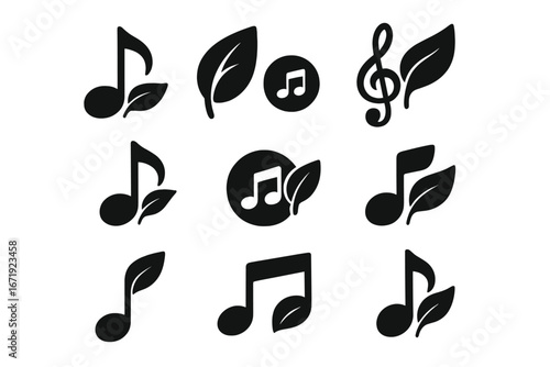 Nature music icon set with leaf and note silhouettes. Vector collection for eco-friendly, organic concepts. Natural sound and melody symbols for relaxing harmony or green logo.