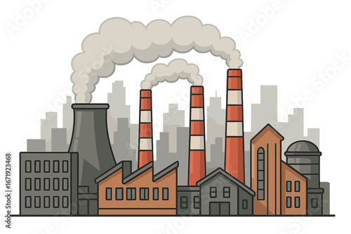 Industrial buildings with smokestacks releasing emissions into atmosphere in city landscape setting, pollution concept, factory smoke vector cartoon illustration on transparent background