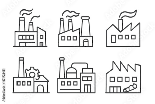 Industrial building icon set. Factory, power plant, manufacturing facility line art icons. Vector illustration. Production, workshop, pollution, energy industry outline symbols.
