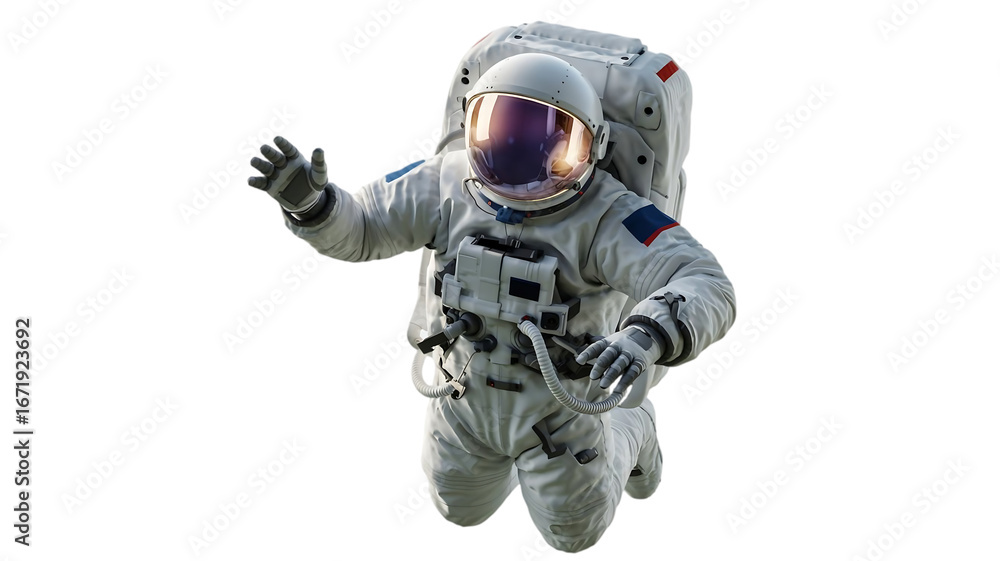 Naklejka premium Astronaut waving hello while floating in outer space wearing a detailed white spacesuit and helmet isolated on transparent background