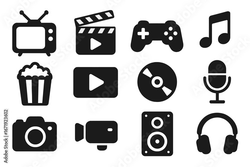 Media and entertainment silhouette icons set, solid filled TV and multimedia symbols, cartoon vector illustration, transparent background, ordered icon collection for digital and print use
