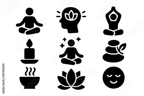 Meditation and Relaxation Icon Set – Solid Filled Mindfulness, Wellness, Yoga, Zen, Calm, Spiritual Symbols Vector Illustration with Transparent Background, Ordered Set 1